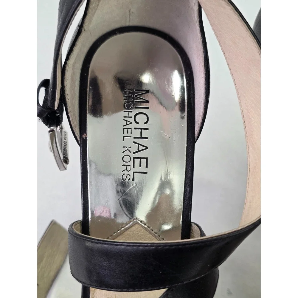 Michael Kors Evie Women's Heels Size 9.5 M Black‎ Leather Platform Sandals Shoes